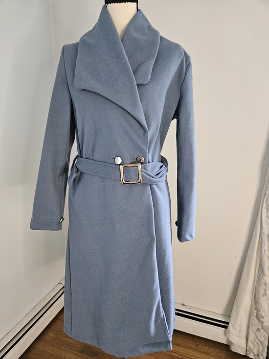 None Jackets & Blazers - Women's Dusty Blue Belted Wrap Coat
